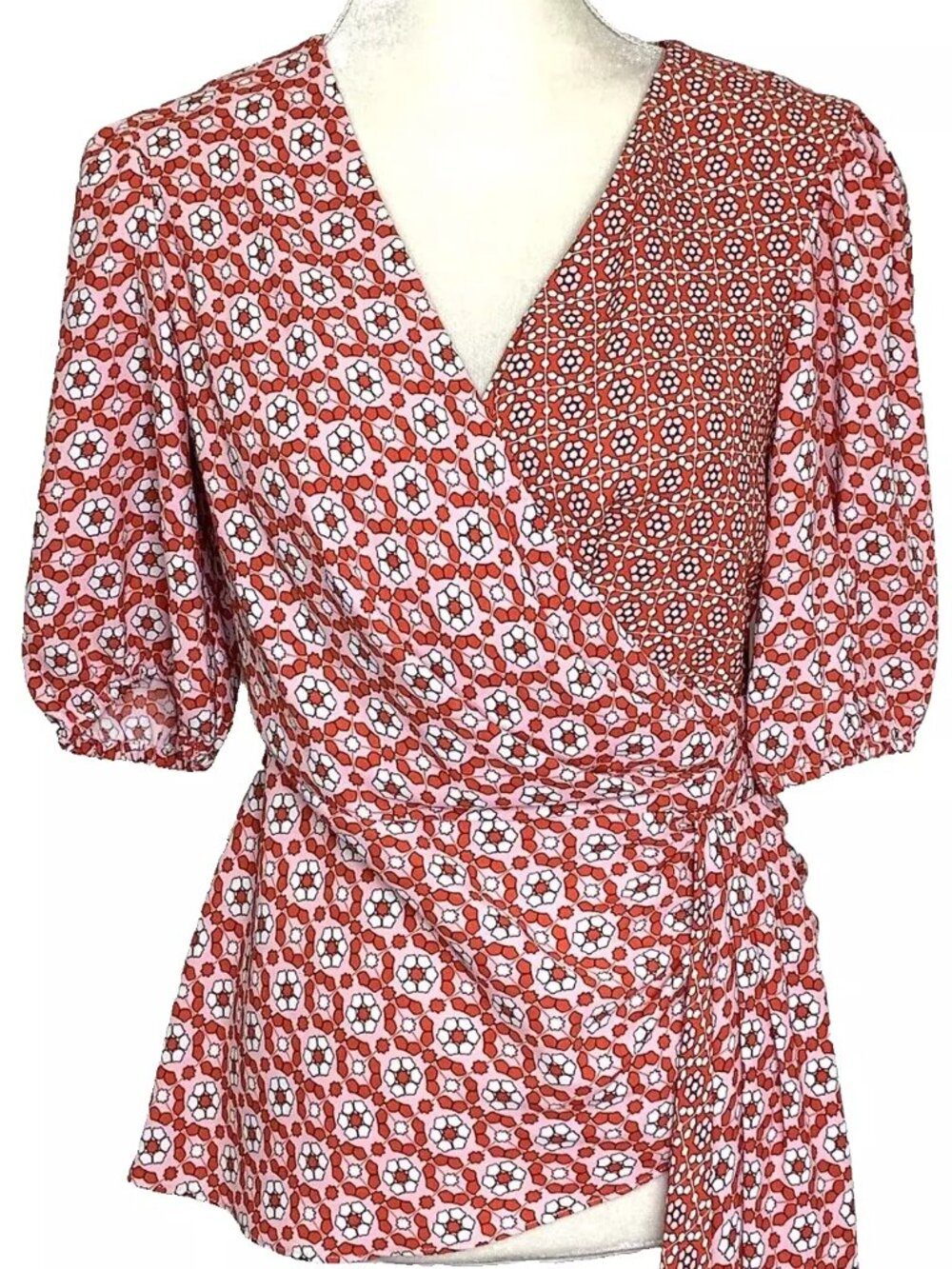 Sachin & Babi Red, White and Pink Floral Wrap Blouse EUC